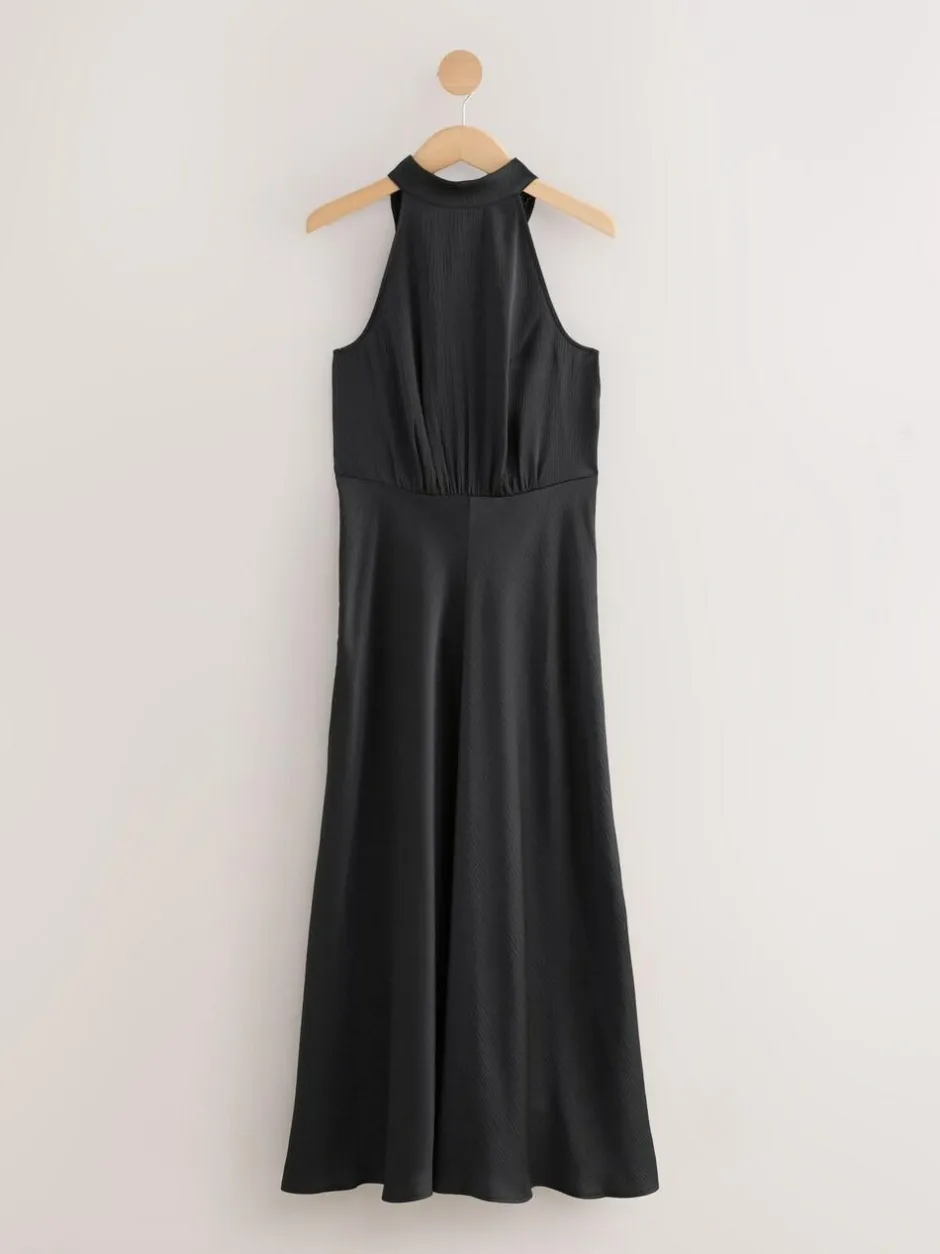 Next Black Textured Satin Halter Sleeveless Midi Dress Clearance