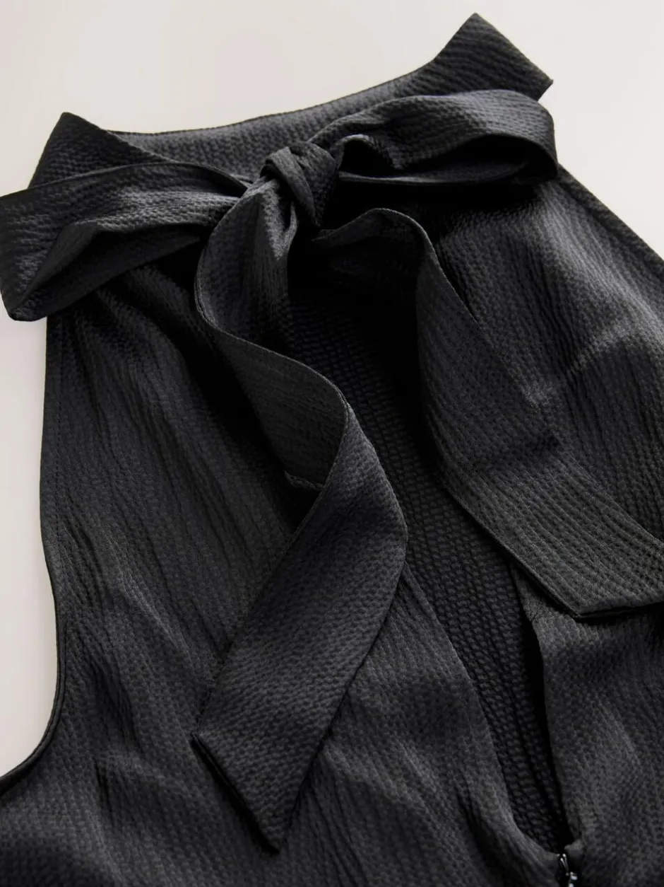 Next Black Textured Satin Halter Sleeveless Midi Dress Clearance