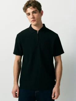 Next Textured Smart Zip Neck Polo Shirt Black Online