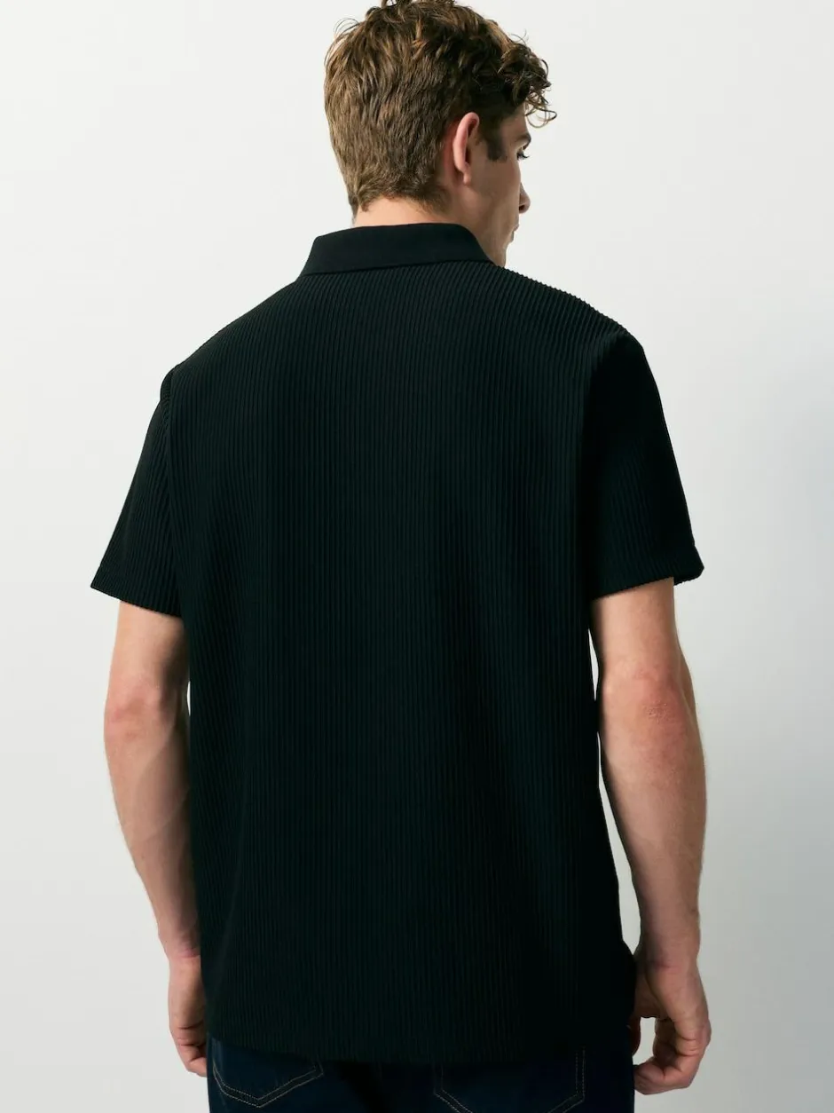 Next Textured Smart Zip Neck Polo Shirt Black Online