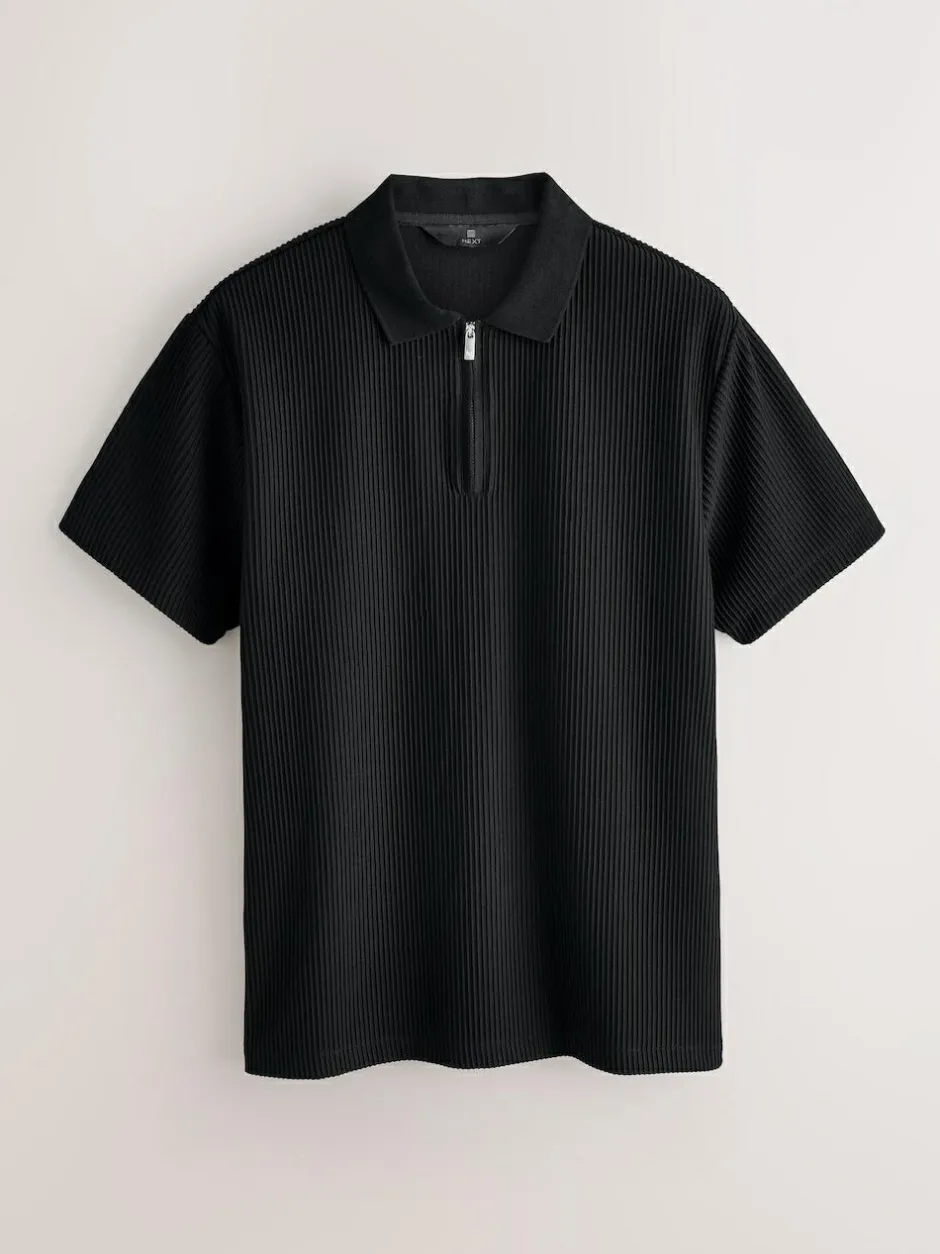 Next Textured Smart Zip Neck Polo Shirt Black Online