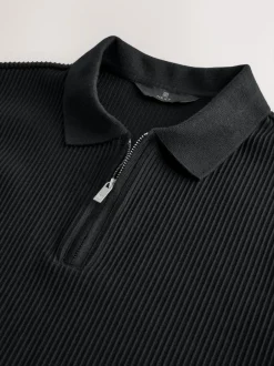 Next Textured Smart Zip Neck Polo Shirt Black Online