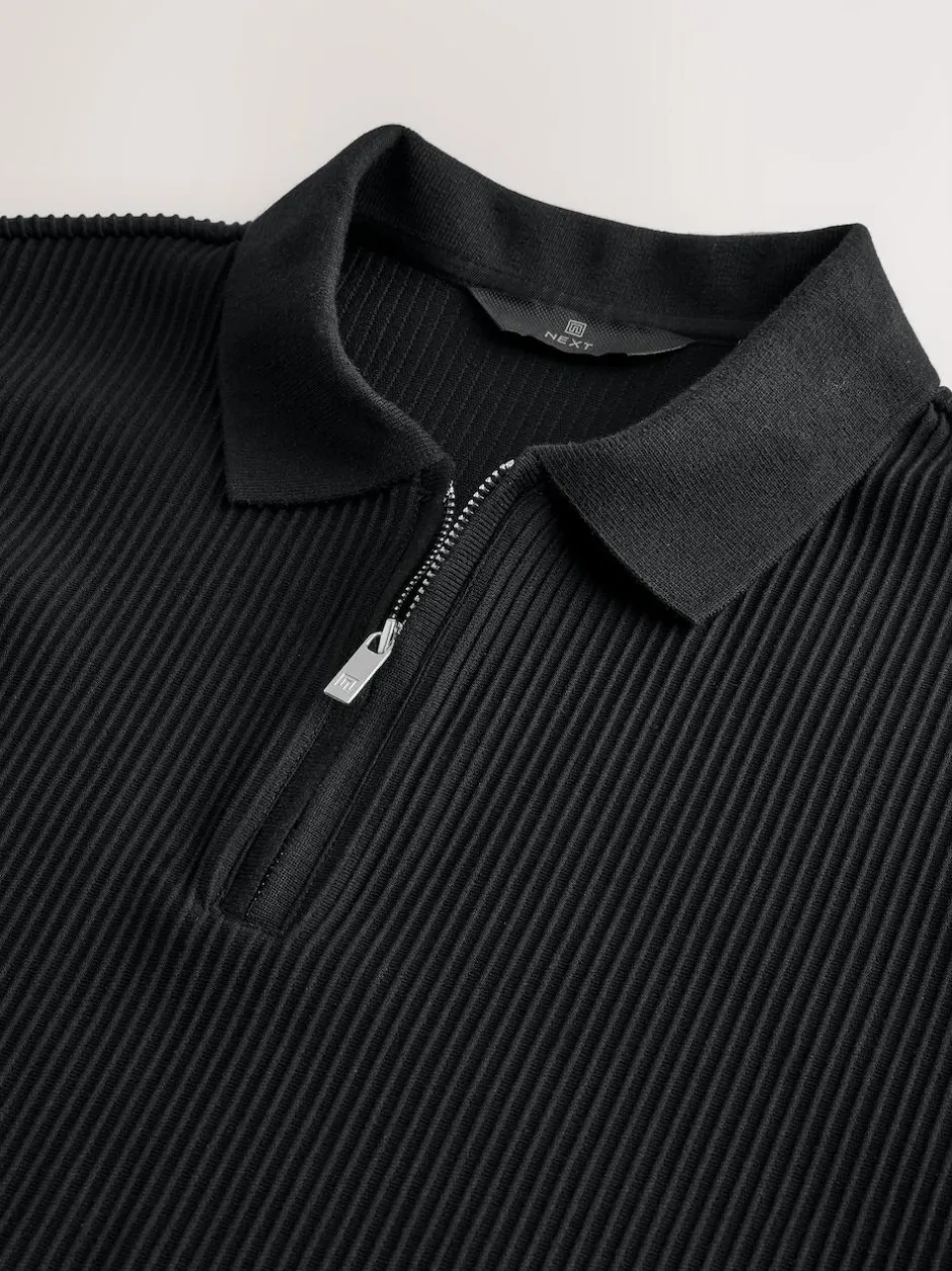 Next Textured Smart Zip Neck Polo Shirt Black Online