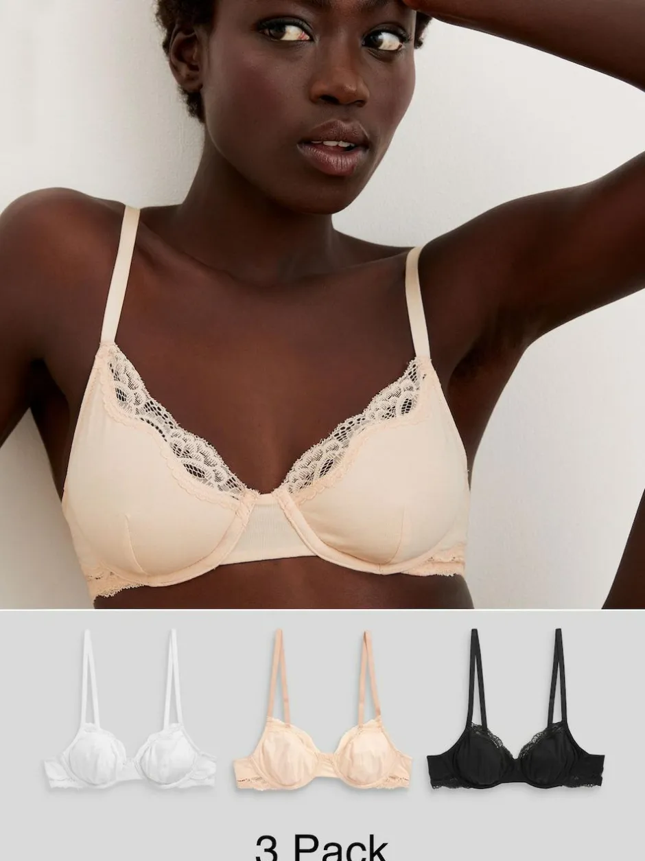 Next Black/ White/Pastel Rose Nude Non Pad Balcony Cotton Blend Ultimate Comfort Bras 3 Pack Hot