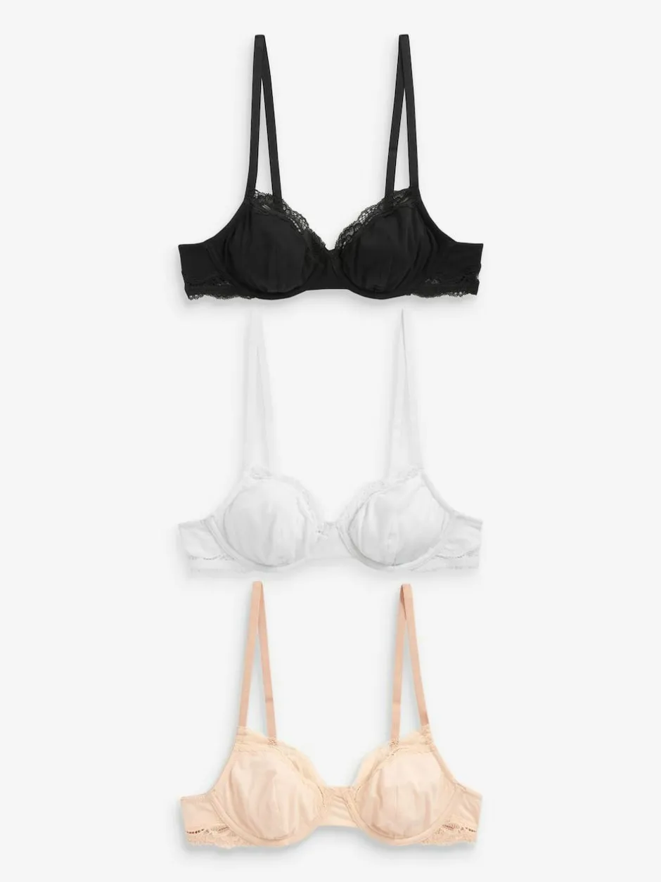 Next Black/ White/Pastel Rose Nude Non Pad Balcony Cotton Blend Ultimate Comfort Bras 3 Pack Hot