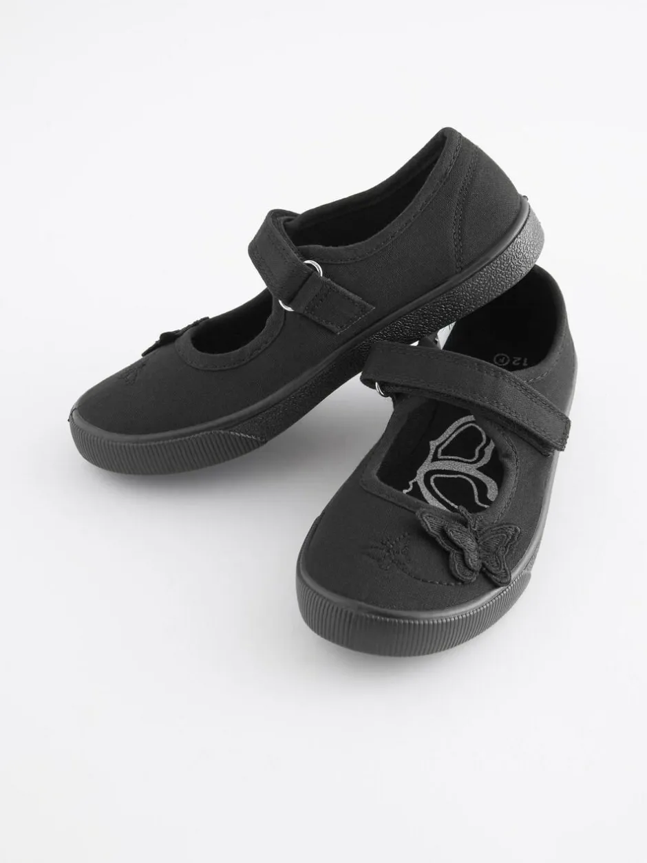 Next Black Wide Fit (G) Butterfly Embroidered School Plimsoll Shoes Outlet
