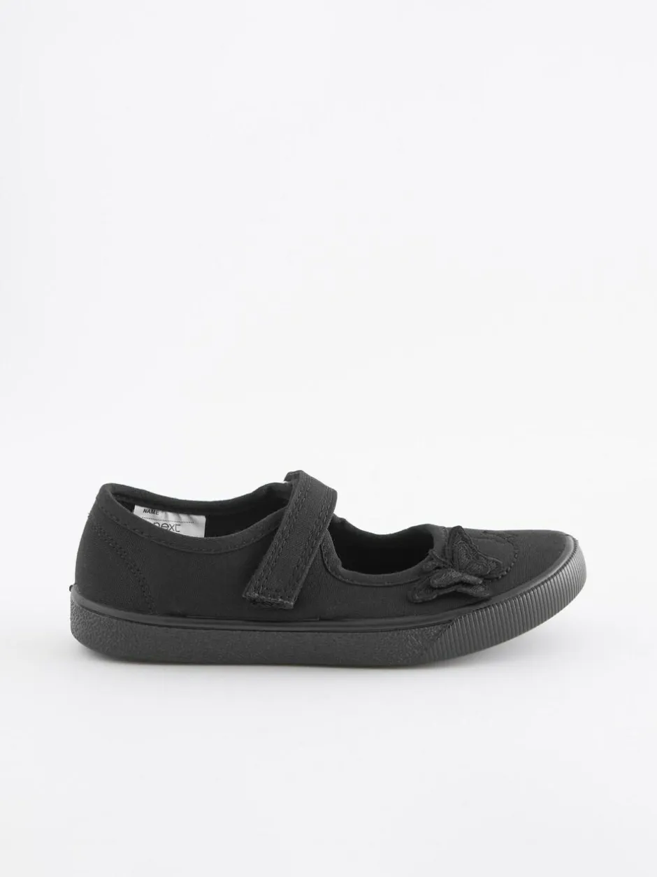 Next Black Wide Fit (G) Butterfly Embroidered School Plimsoll Shoes Outlet