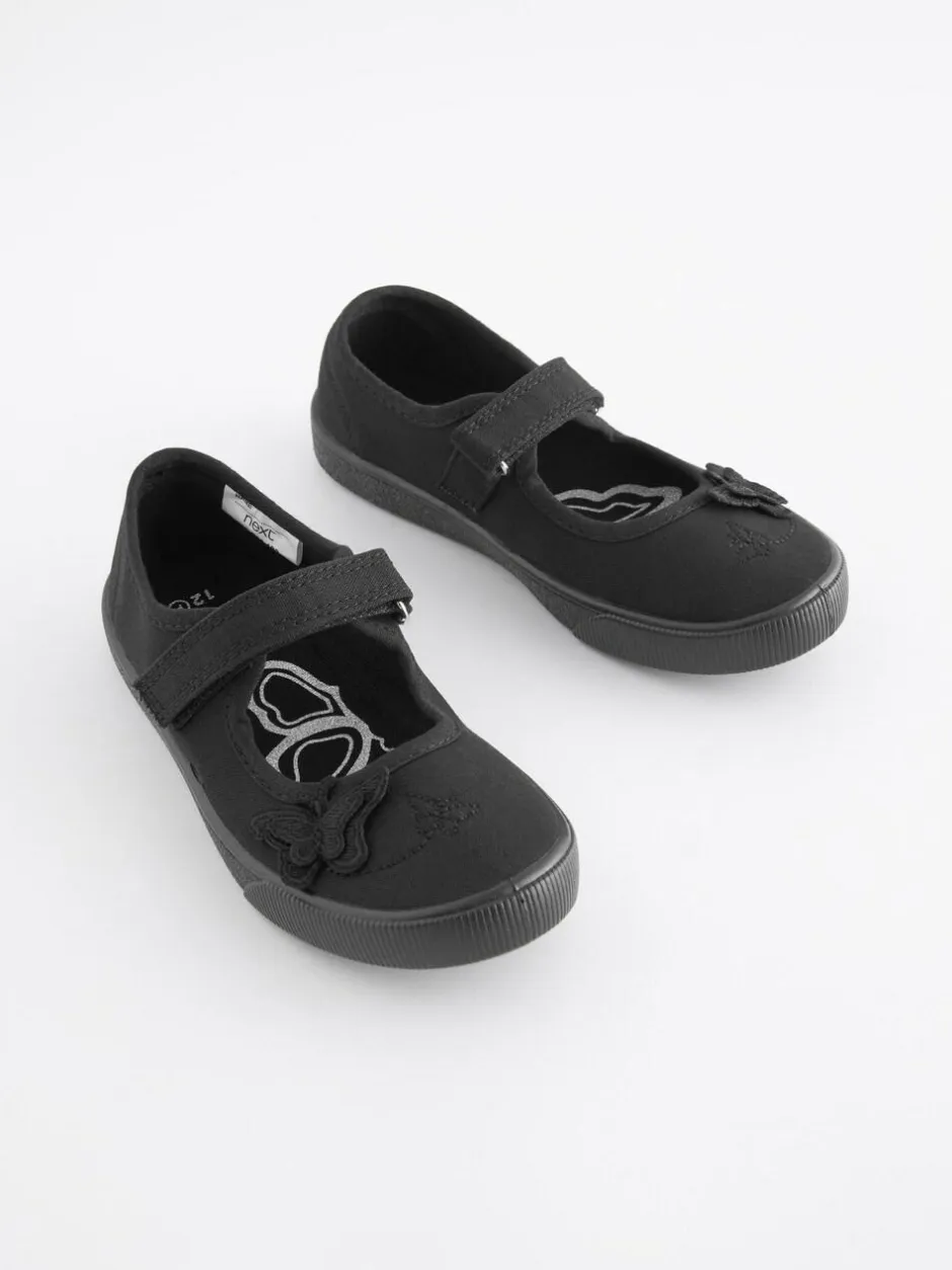 Next Black Wide Fit (G) Butterfly Embroidered School Plimsoll Shoes Outlet
