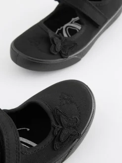 Next Black Wide Fit (G) Butterfly Embroidered School Plimsoll Shoes Outlet