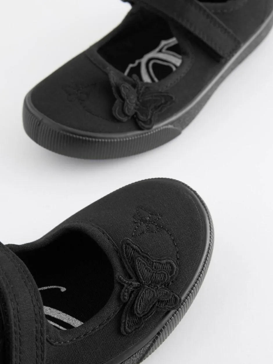 Next Black Wide Fit (G) Butterfly Embroidered School Plimsoll Shoes Outlet