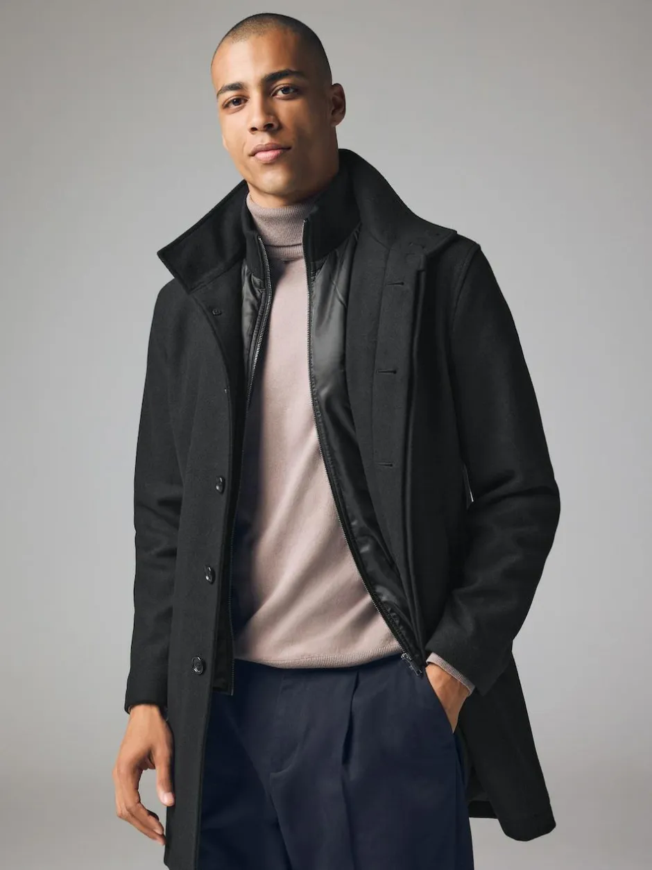 Next Wool Blend Mock Gilet Herringbone Padded Coat Black Discount