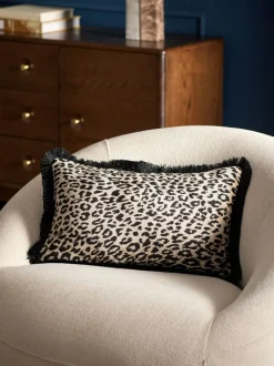 Next Black/Animal 50 x 30cm Velvet Faux Leopard Print Fringe Cushion
