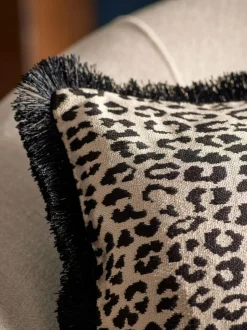 Next Black/Animal 50 x 30cm Velvet Faux Leopard Print Fringe Cushion