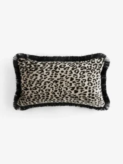 Next Black/Animal 50 x 30cm Velvet Faux Leopard Print Fringe Cushion