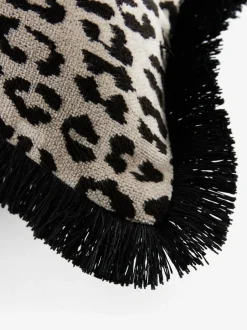 Next Black/Animal 50 x 30cm Velvet Faux Leopard Print Fringe Cushion