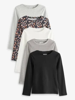 Next Ribbed Long Sleeve Tops 5 Pack (3-16yrs) Black/Animal/White/Stripe Discount
