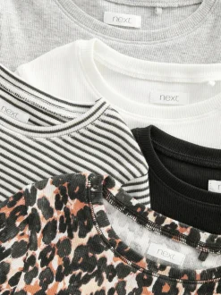 Next Ribbed Long Sleeve Tops 5 Pack (3-16yrs) Black/Animal/White/Stripe Discount