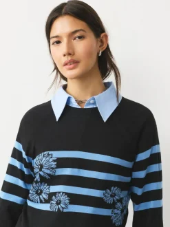 Next Black/Blue Floral Stripe Soft Touch Crew Neck Cotton Rich Jumper Outlet