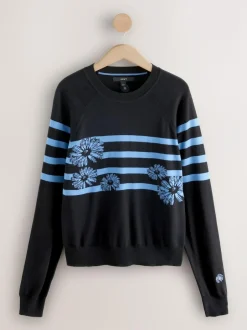 Next Black/Blue Floral Stripe Soft Touch Crew Neck Cotton Rich Jumper Outlet