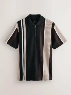 Next Vertical Stripe Quarter Zip Polo Shirt Black/Brown Best