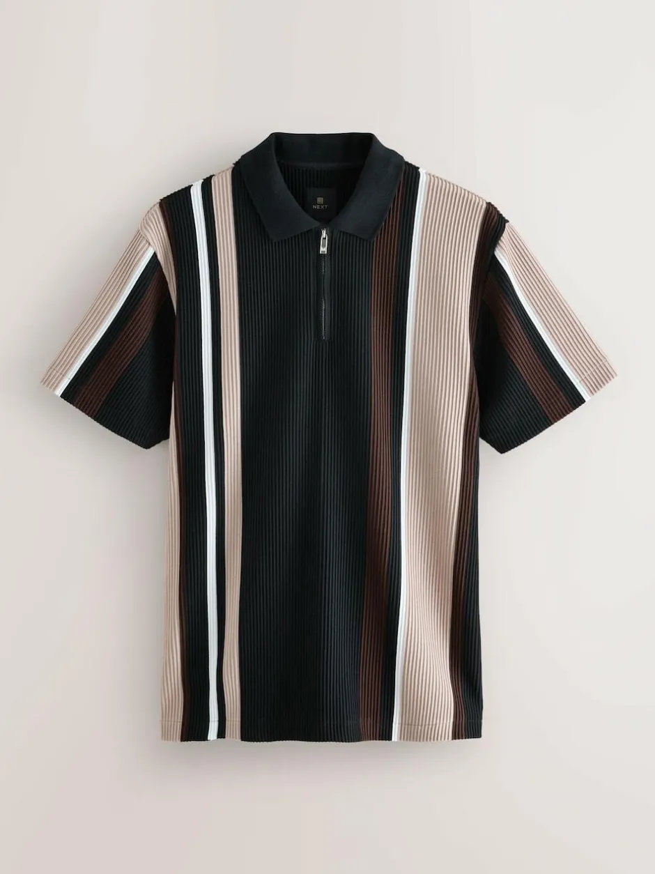 Next Vertical Stripe Quarter Zip Polo Shirt Black/Brown Best