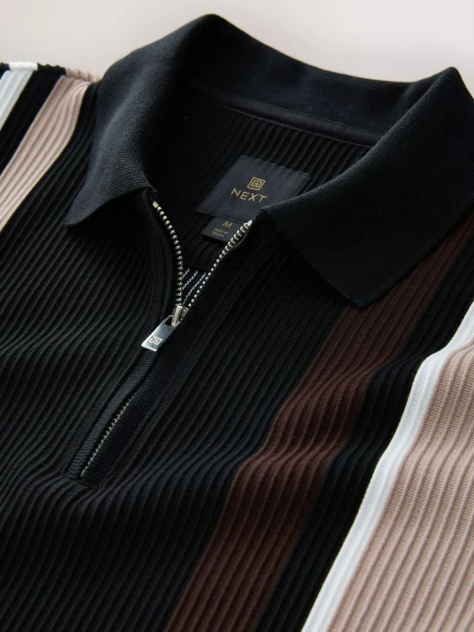 Next Vertical Stripe Quarter Zip Polo Shirt Black/Brown Best