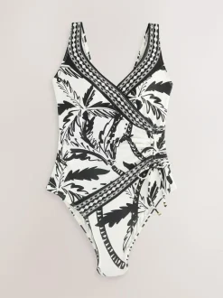 Next Black/Cream Palm Ruched Side Tummy Shaping Control Swimsuit Outlet