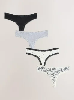 Next Black/Cream Thong Cotton Lace Knickers 4 Pack Clearance