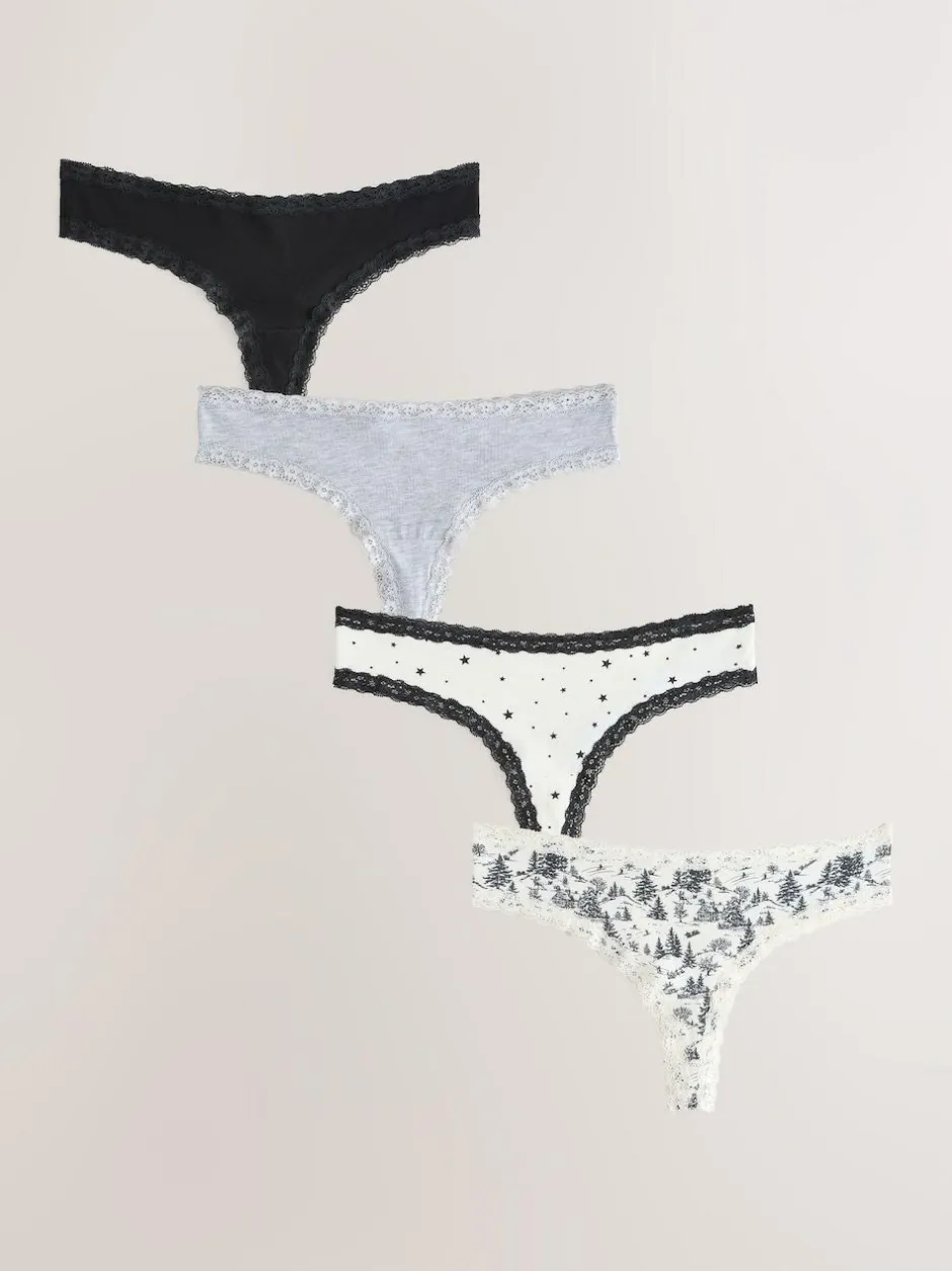 Next Black/Cream Thong Cotton Lace Knickers 4 Pack Clearance