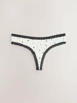 Next Black/Cream Thong Cotton Lace Knickers 4 Pack Clearance