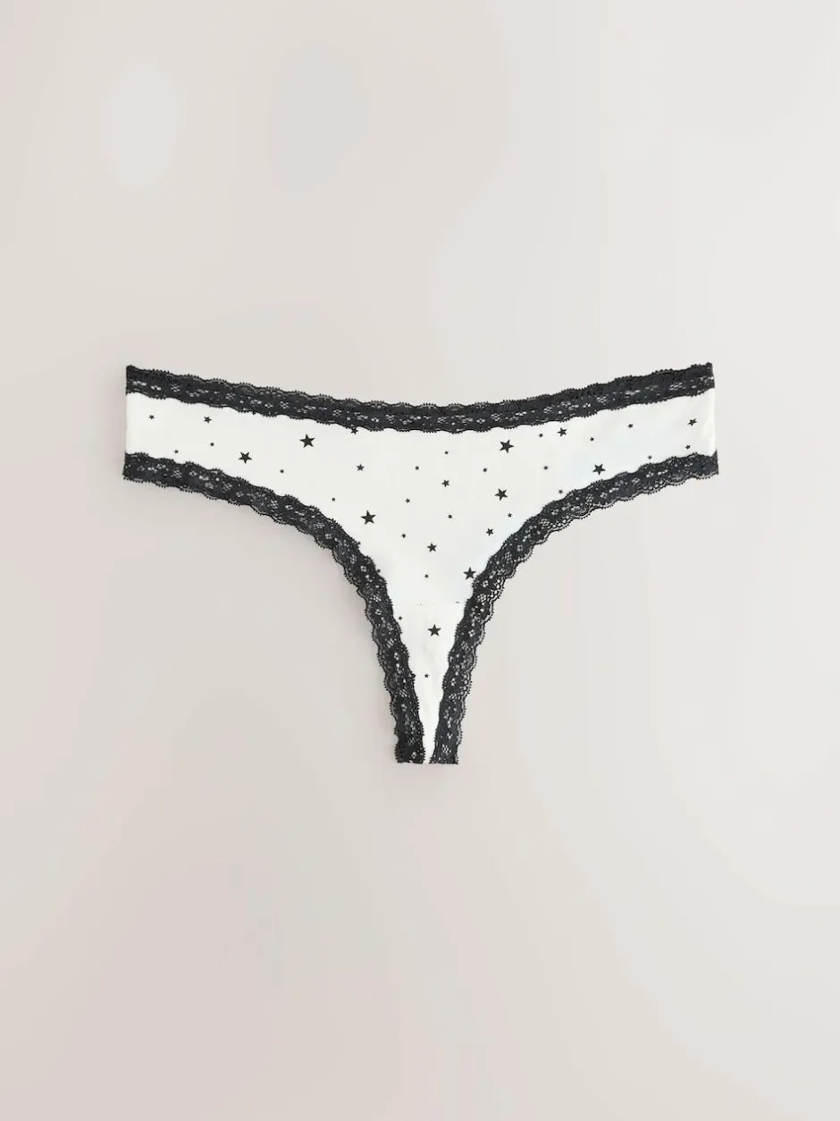 Next Black/Cream Thong Cotton Lace Knickers 4 Pack Clearance