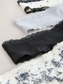 Next Black/Cream Thong Cotton Lace Knickers 4 Pack Clearance