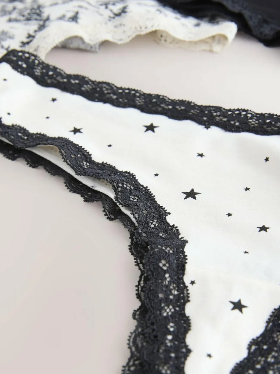 Next Black/Cream Thong Cotton Lace Knickers 4 Pack Clearance