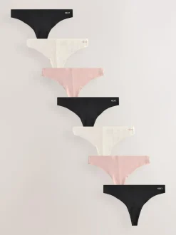 Next Black/Cream/Pink Thong Cotton Blend No VPL Knickers 7 Pack
