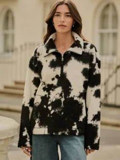 Next Black/Ecru Cow Print Soft Touch Cosy Teddy Borg Quarter Zip Fleece Hot