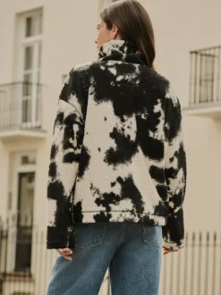 Next Black/Ecru Cow Print Soft Touch Cosy Teddy Borg Quarter Zip Fleece Hot