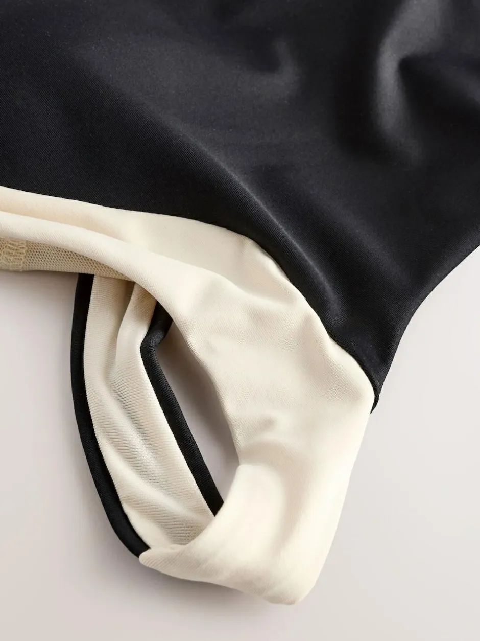 Next High Neck Halterneck Tummy Control Swimsuit Black/Ecru