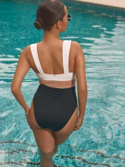 Next Plunge Tummy Control Swimsuit Black/Ecru/Beige New