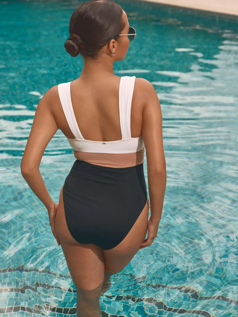 Next Plunge Tummy Control Swimsuit Black/Ecru/Beige New