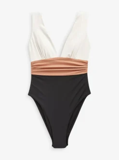 Next Plunge Tummy Control Swimsuit Black/Ecru/Beige New