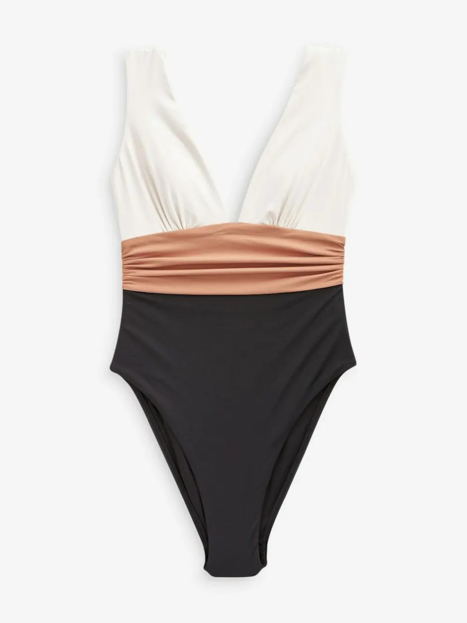 Next Plunge Tummy Control Swimsuit Black/Ecru/Beige New