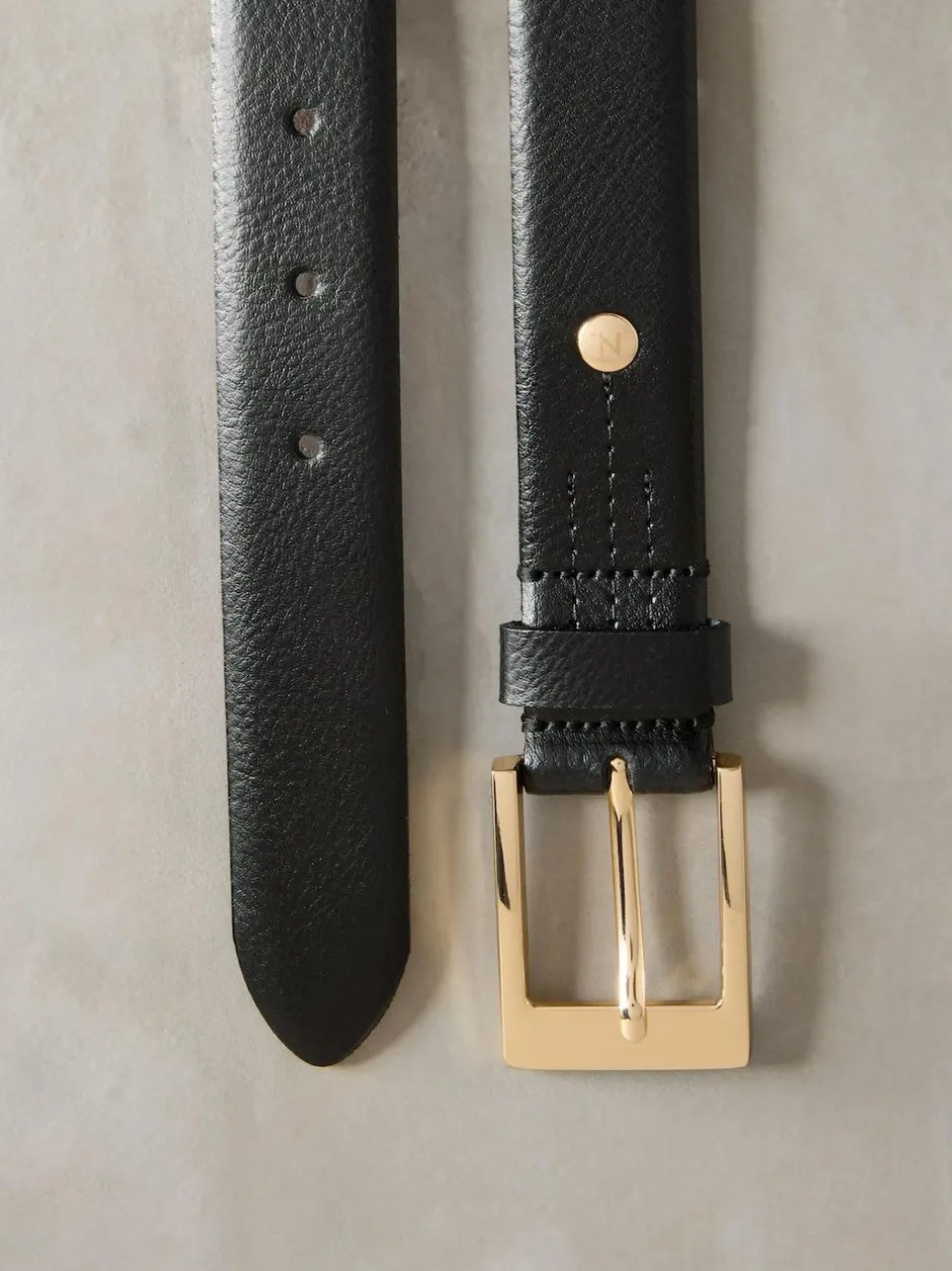 Next N. Premium Made In Italy Leather Belt Black/Gold Tone New