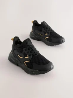 Next Wide Fit (G) Elastic Lace Trainers Black/Gold New