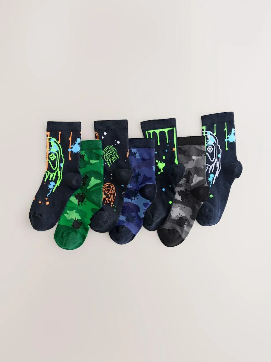 Next Black/Green Drippy Gamer Cotton Rich Socks 7 Pack Sale