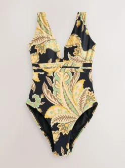 Next Black/Green Paisley Plunge Shaping Tummy Control Swimsuit Discount