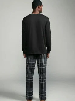 Next Black/Grey Check Long Sleeve 100% Cotton Pyjamas Set Hot