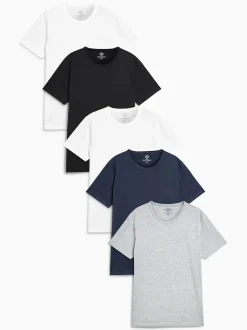 Next Slim Fit 100% Cotton Layering T-Shirts 5 Pack Black/Grey Marl/White/Navy New