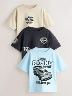 Next Black/Grey Race Car Short Sleeve Graphic T-Shirts 3 Pack (3mths-7yrs) Clearance