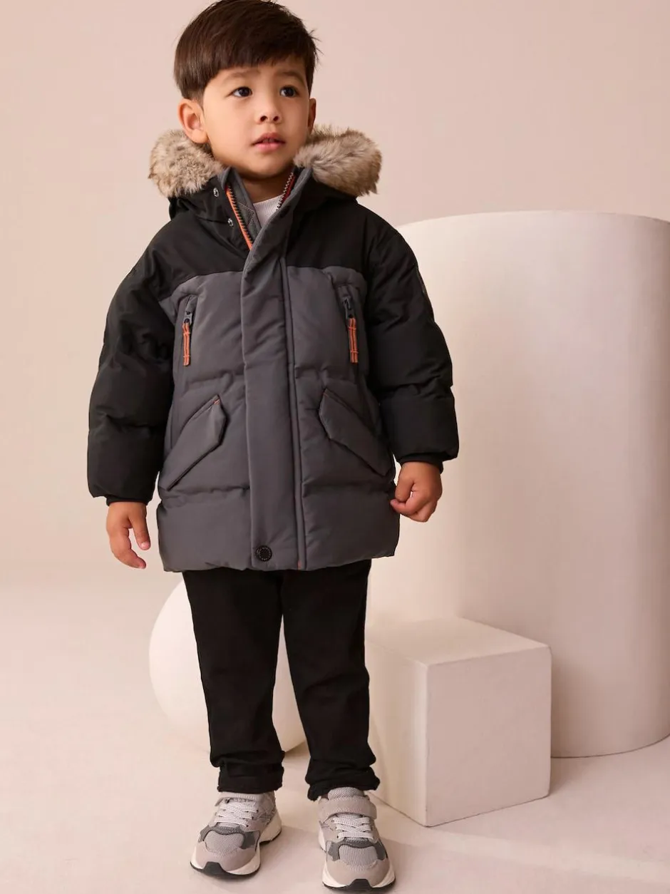 Next Waterproof Warm Padded Coat (12mths-10yrs) Black/Grey Clearance