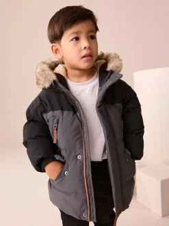 Next Waterproof Warm Padded Coat (12mths-10yrs) Black/Grey Clearance